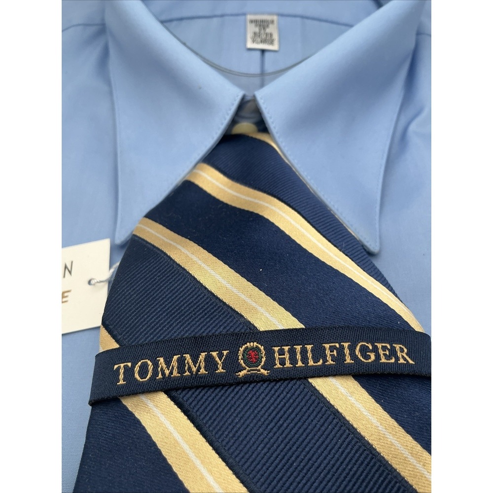 NWT Van Huesen Wrinkle Free Blue Dress Shirt XL 17 32/33 Tommy Hilfiger Silk Tie - Picture 2 of 8